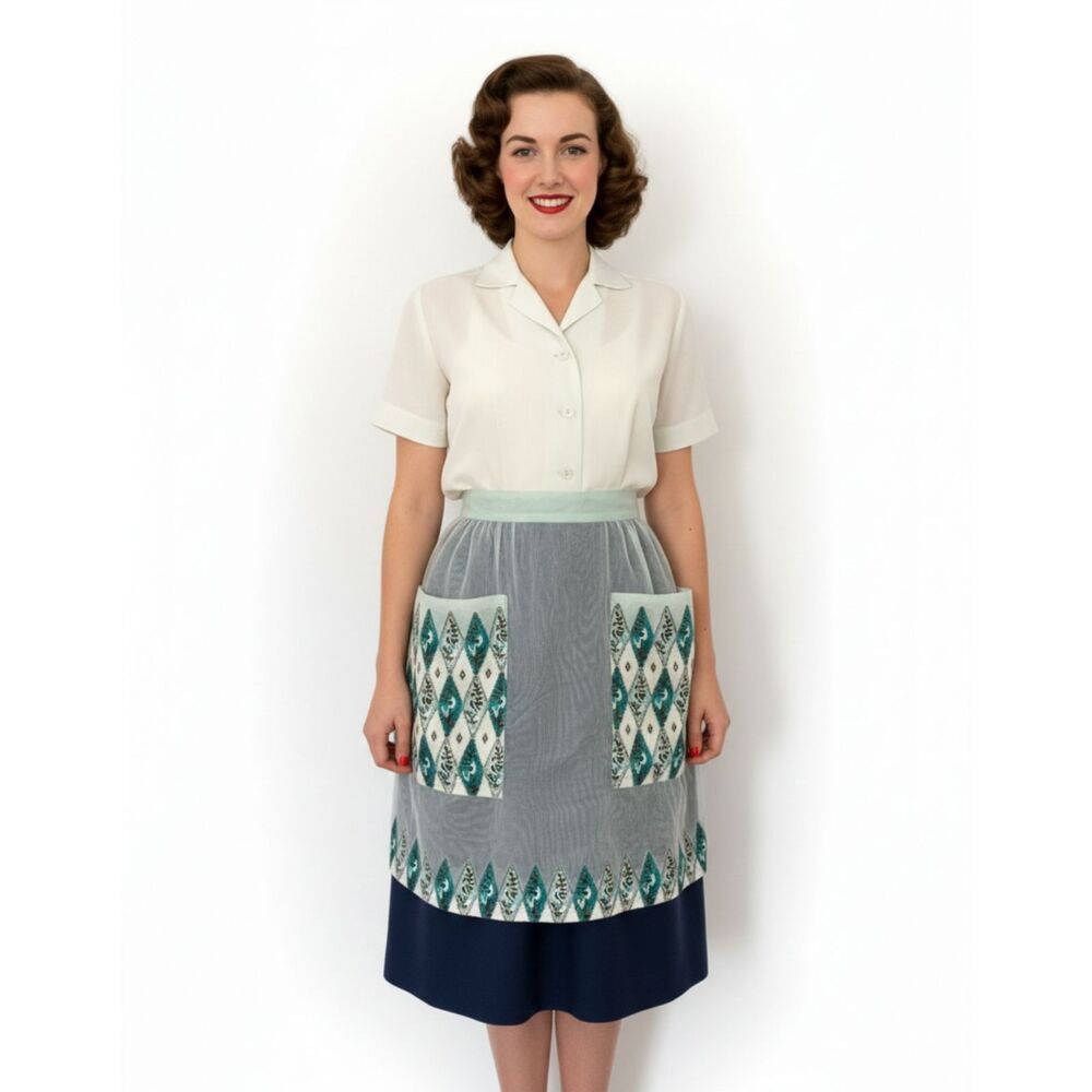 VTG Sweetheart Sheer Organza Mod Sheer Apron Green White Bird Print Geometric